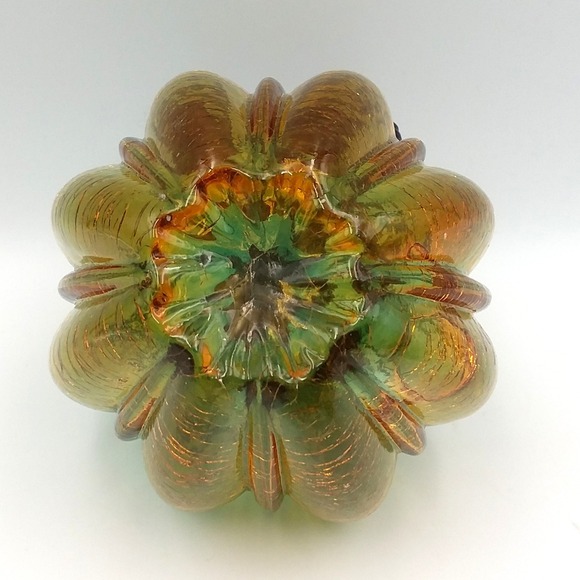 2 Hand Blown Artisanal Cracle Glass Pumpkin Gourd Blue Amber Desk Art - Picture 11 of 12